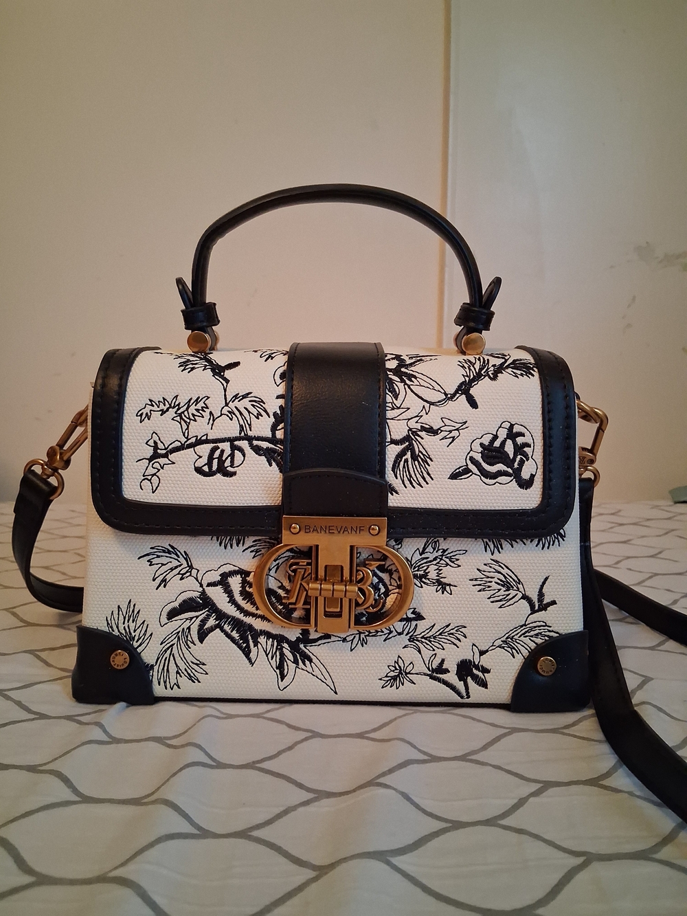 Black & White Floral Top-Handle Satchel